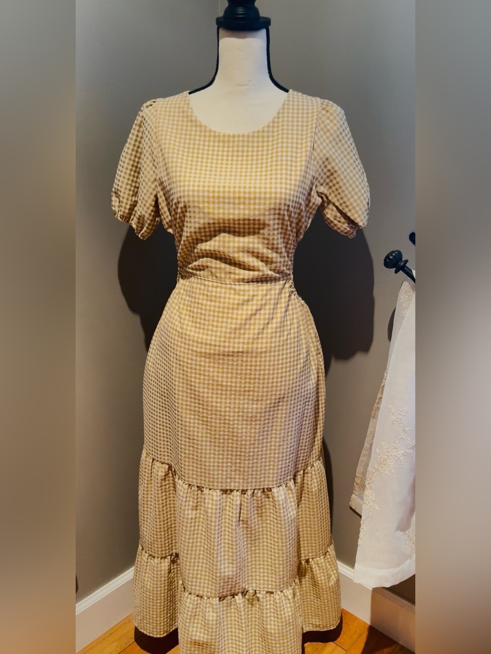 HYFVE Yellow Gingham Backless Tiered Midi Dress